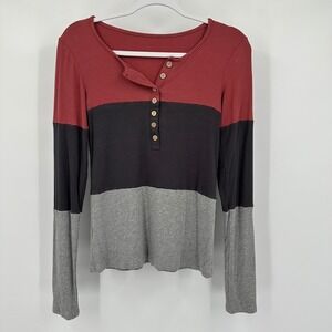 Womens Y2k Ribbed Henley Top Size S Long Sleeve Colorblock V Neck Fitted Tee